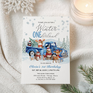 Woodland Forest Blue Truck ONEderland 1st Birthday Invitation