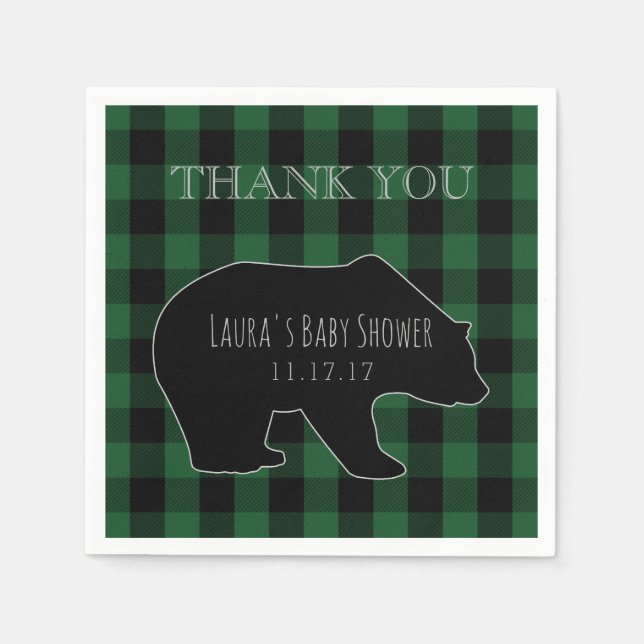 Woodland Forest Boy Baby Shower | Lumberjack Plaid Paper Napkins (Front)