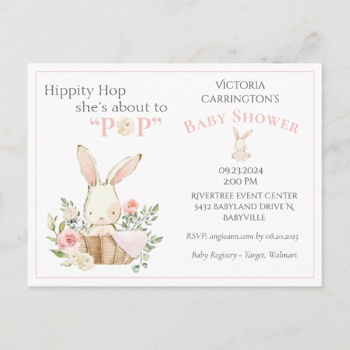 Woodland Forest Bunny Pink Floral Baby Shower Postcard