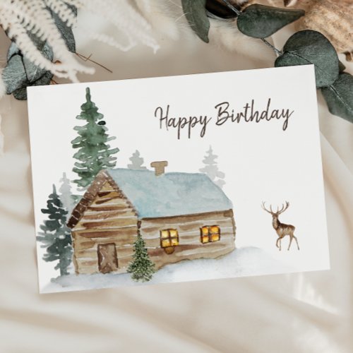 Woodland Forest Cabin with Deer Birthday Thank You Card
