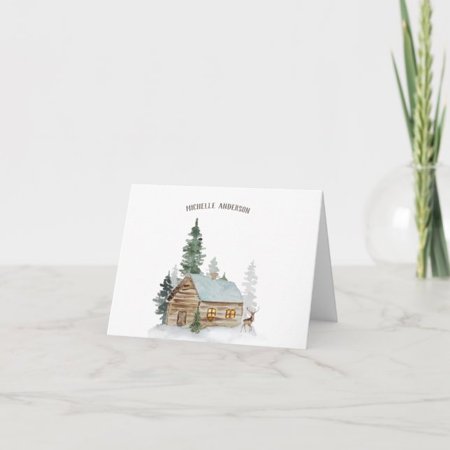 Woodland Forest Cabin with Deer Personalized Note Card (Front)