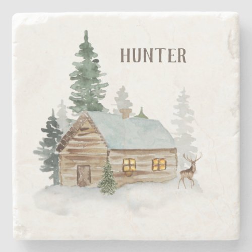 Woodland Forest Cabin with Deer Personalized  Stone Coaster