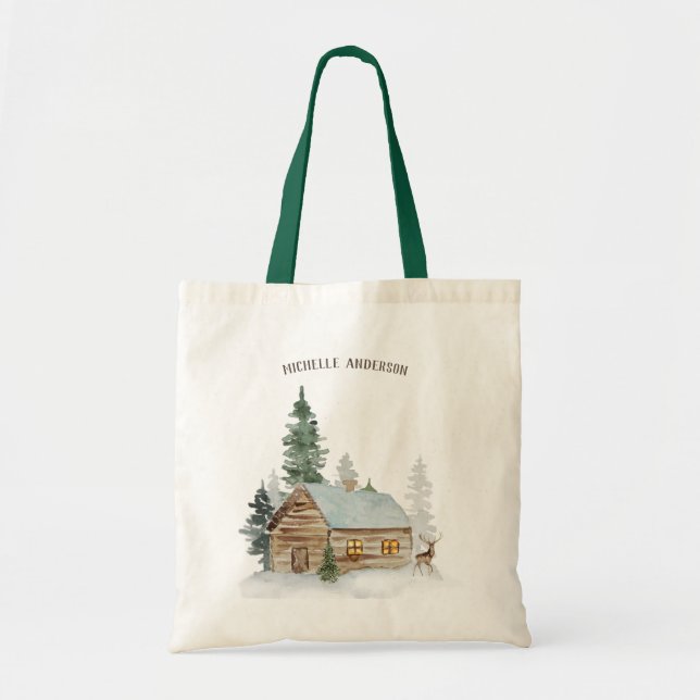 Woodland Forest Cabin with Deer Personalized Tote Bag (Front)