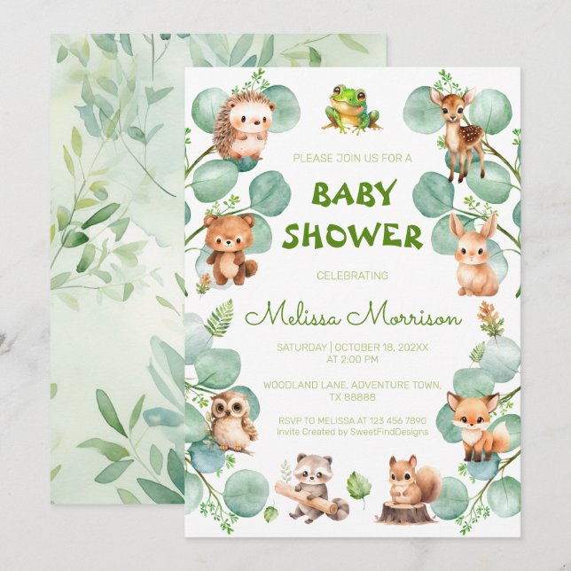 Woodland Forest Creatures Baby Boy Shower Invitation (Front/Back)