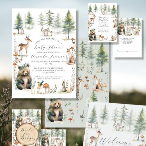 Woodland Forest Cute Animals Bear Deer Baby Shower Invitation