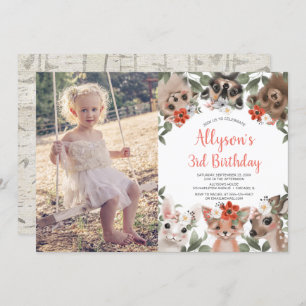 Woodland forest cute animals girls birthday photo invitation