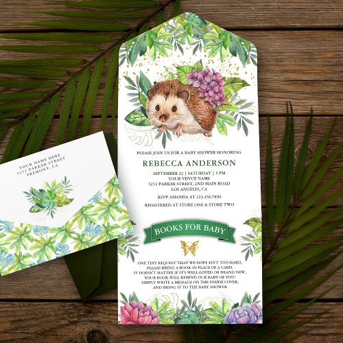 Woodland Forest Cute Floral Hedgehog Baby Shower All In One Invitation