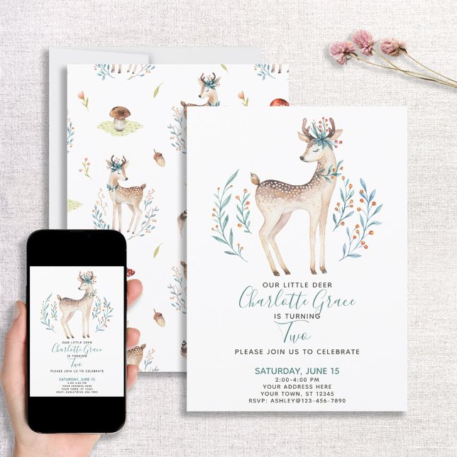 Woodland Forest Deer Baby's Second 2nd Birthday Invitation (Creator Uploaded)