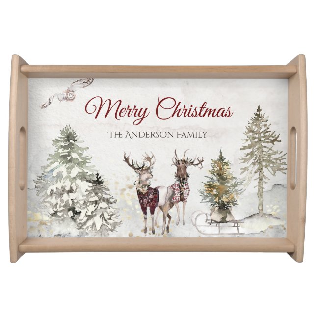 Woodland Forest Deer Christmas with Name Serving Tray (Front)