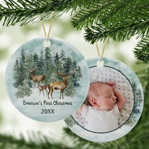 Woodland Forest Deer First Christmas Photo Ceramic Ornament