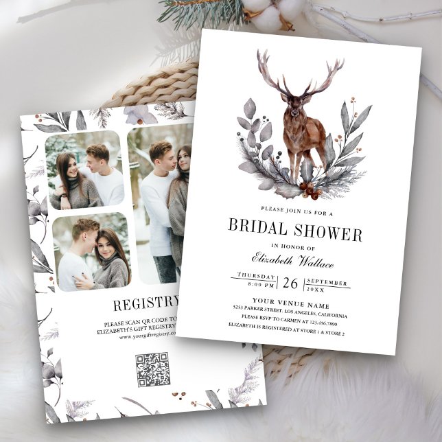 Woodland Forest Deer QR Code Photo Bridal Shower Invitation (Creator Uploaded)