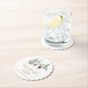 Woodland forest deer winter baby shower paper coaster