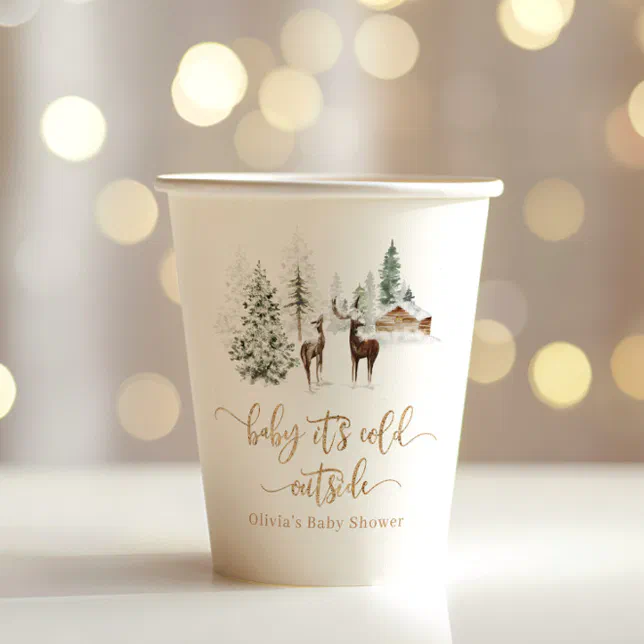 Woodland forest deer winter baby shower paper cups | Zazzle