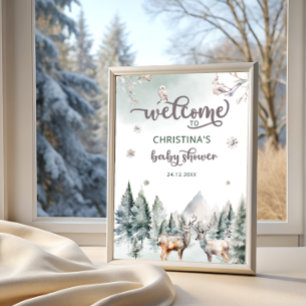 Woodland Forest Deer Winter Baby Shower Welcome Poster