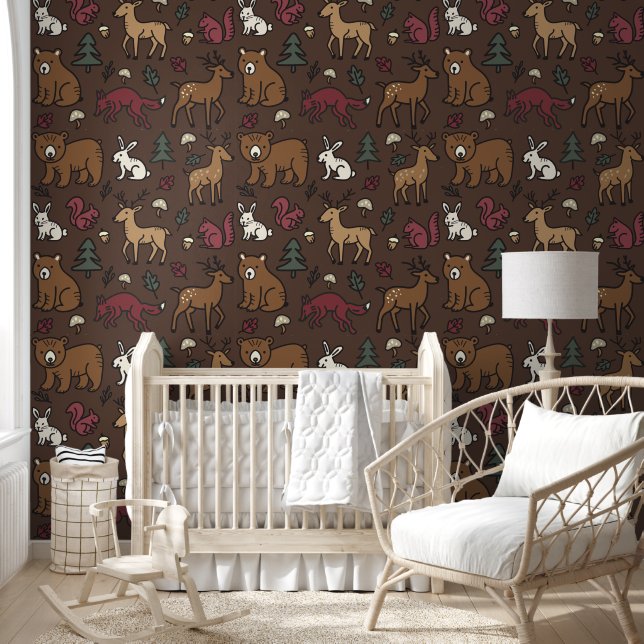 Woodland Forest Doodle Animals Brown Wallpaper (Kids)