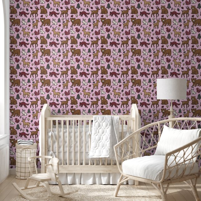 Woodland Forest Doodle Animals pink Wallpaper (Kids)