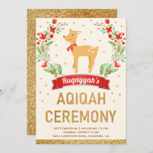 Woodland Forest Floral Gold Girl Deer Aqiqah Invitation
