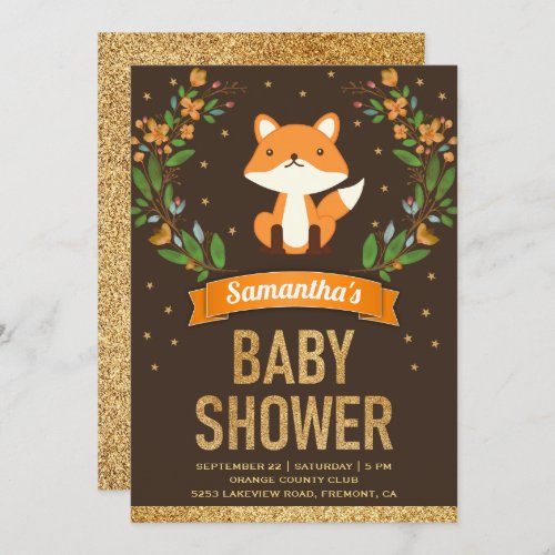 Woodland Forest Floral Gold Girl Fox Baby Shower Invitation