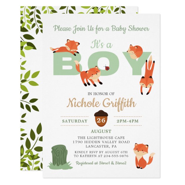 Woodland Forest Fox Boy Baby Shower Invitation