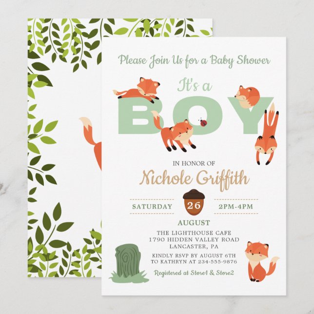 Woodland Forest Fox Boy Baby Shower Invitation (Front/Back)