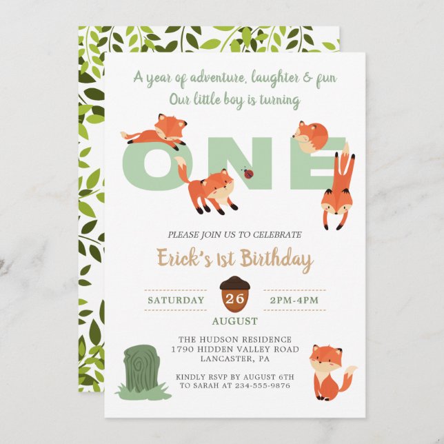 Woodland Forest Fox First Birthday Invitation (Front/Back)