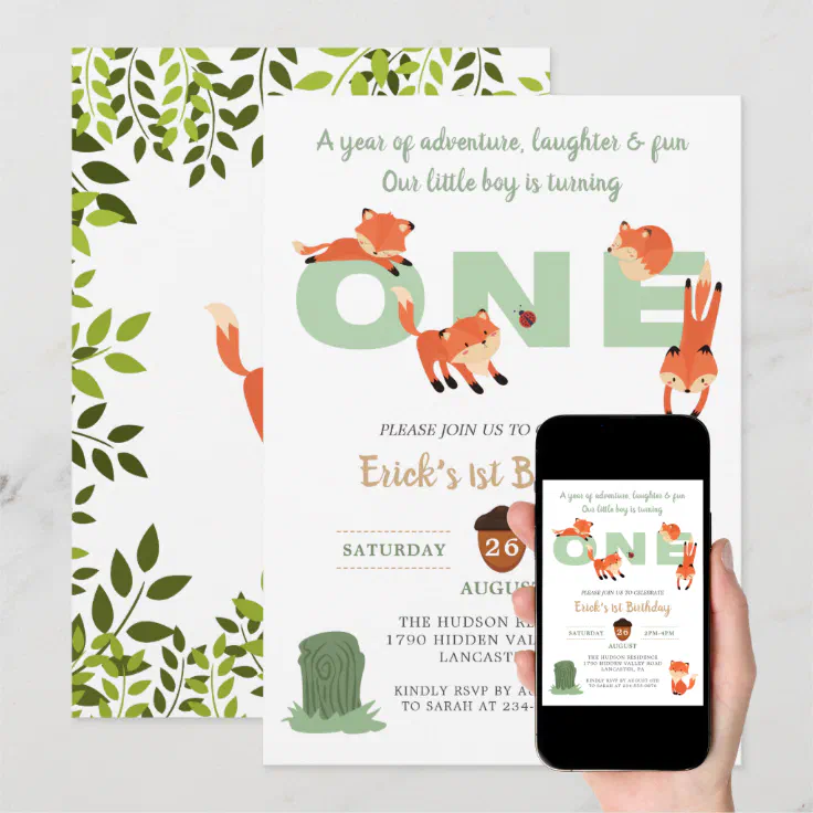 Woodland Forest Fox First Birthday Invitation | Zazzle