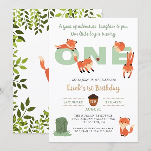 Woodland Forest Fox First Birthday Invitation
