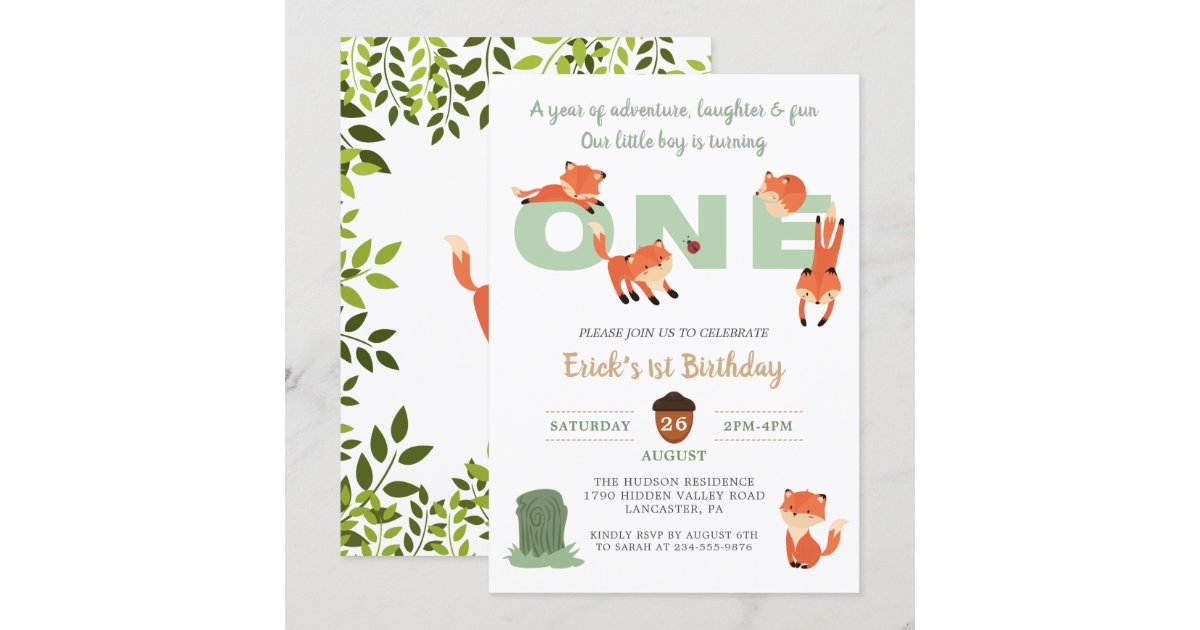 Woodland Forest Fox First Birthday Invitation | Zazzle