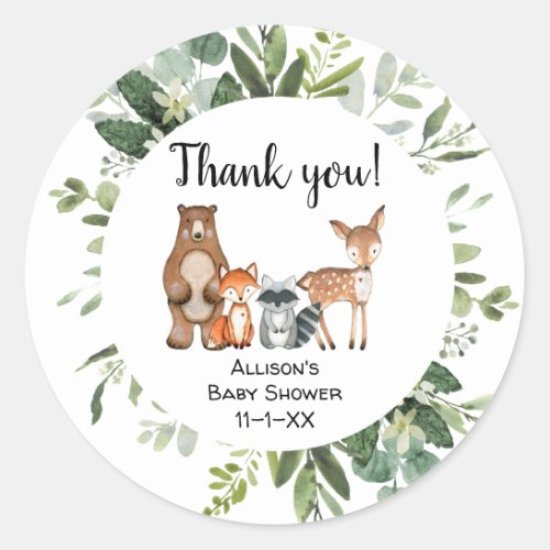 Woodland forest friends animals favor thank you classic round sticker