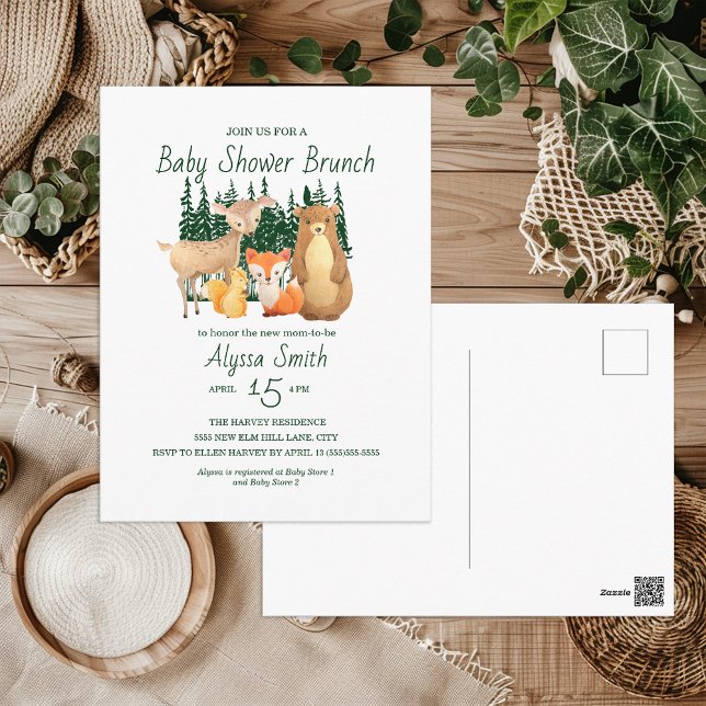 Woodland Forest Friends Baby Shower Brunch Postcard (Woodland Animals baby shower postcard invitation)
