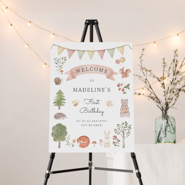Woodland Forest Friends Birthday Welcome Sign (In Situ (Stand))