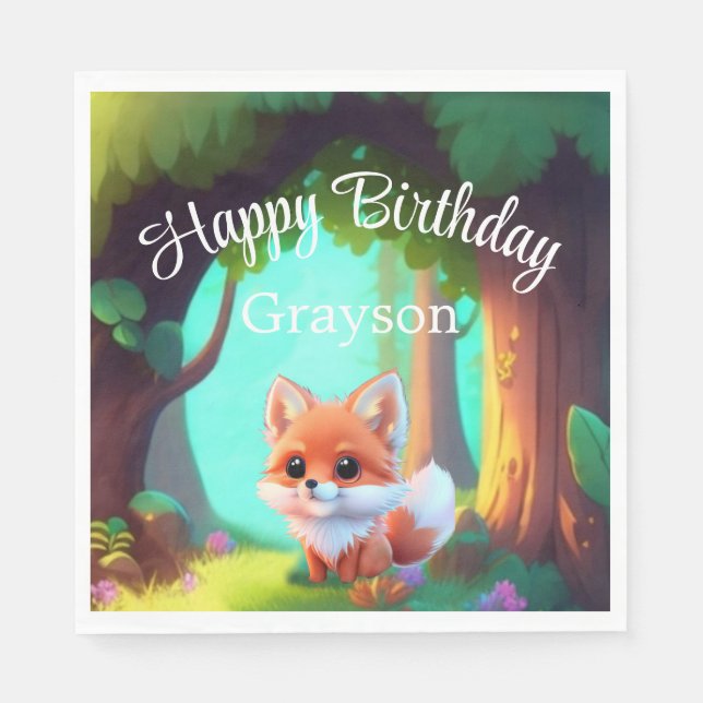 Woodland forest friends cute baby fox birthday napkins (Front)