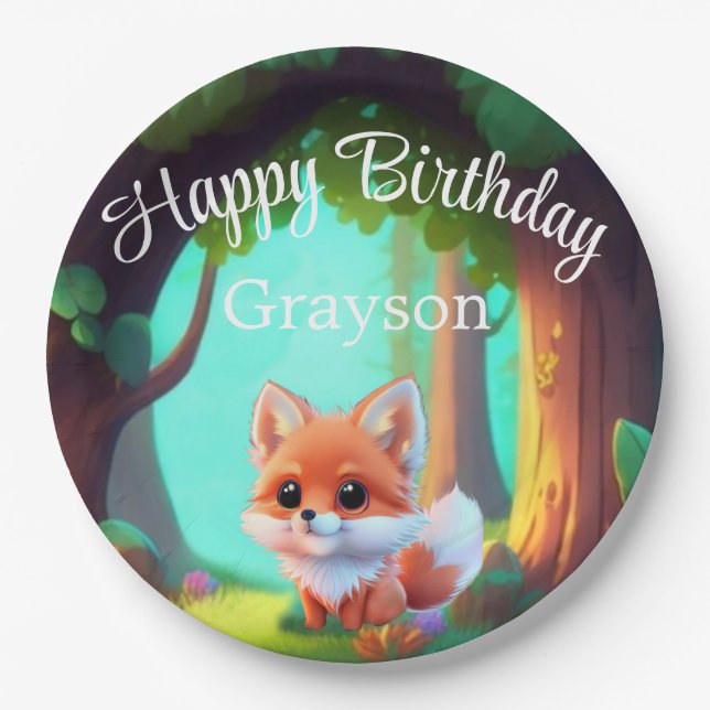 Woodland forest friends cute baby fox birthday paper plates (Front)
