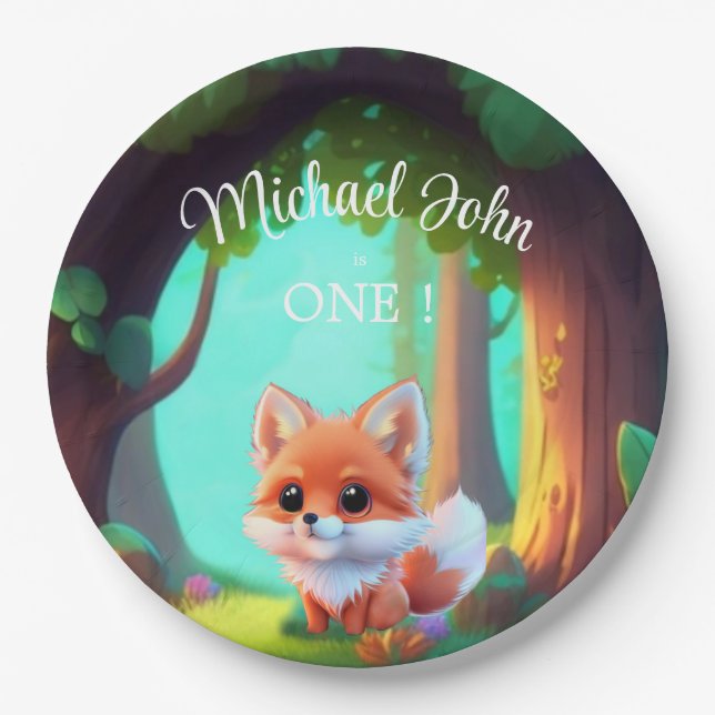 Woodland forest friends cute baby fox birthday paper plates (Front)