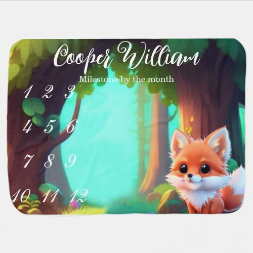 Woodland forest friends cute baby fox by the month baby blanket