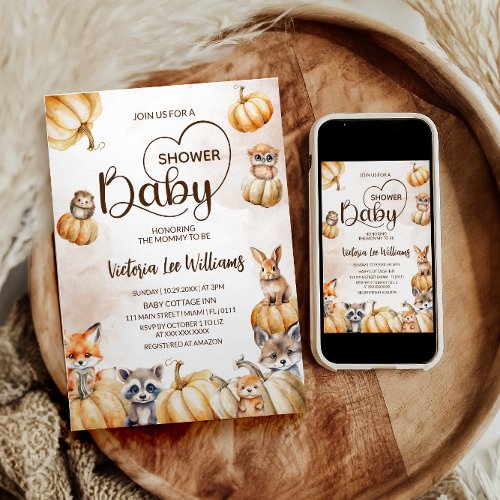 Woodland Forest Friends Fall Pumpkin Baby Shower Invitation