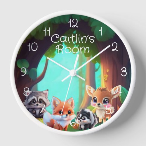 Woodland forest friends fox raccoon deer skunk clock