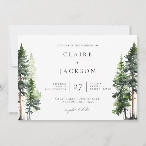 Woodland Forest Green Pines Modern Wedding Invitation