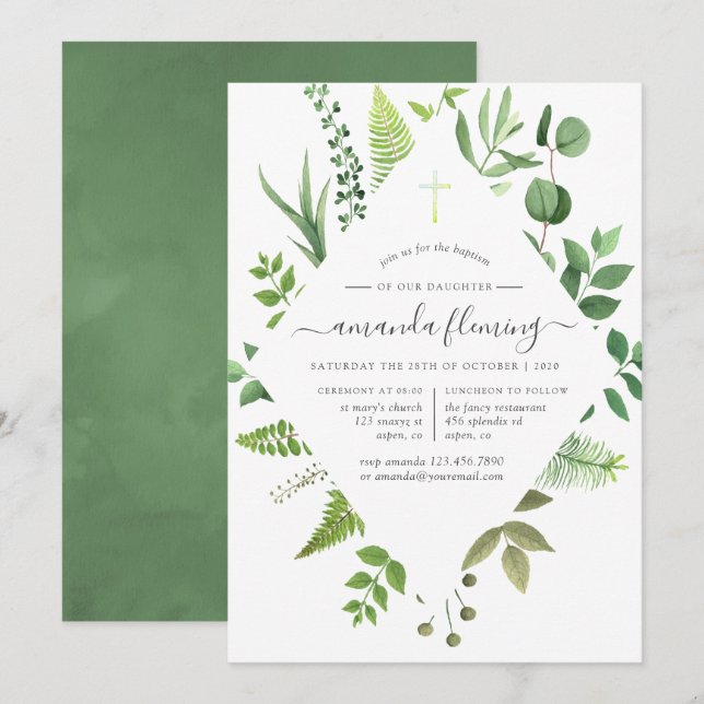 Woodland Forest Greenery Baptism or Christening Invitation (Front/Back)