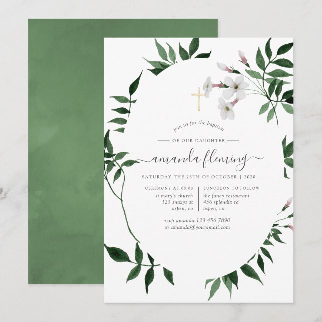 Woodland Forest Greenery Baptism or Christening Invitation (Front/Back)