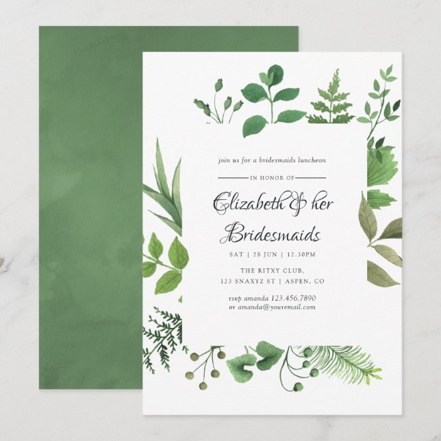 Woodland Forest Greenery Bridesmaids Luncheon Invitation (Front/Back)
