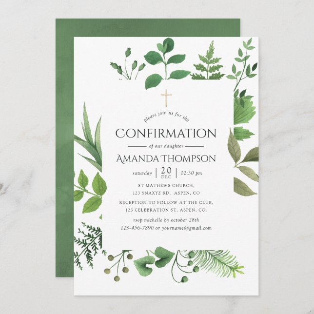 Woodland Forest Greenery Confirmation Invitation (Front/Back)