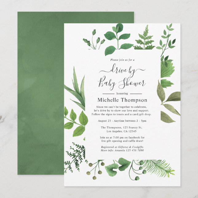 Woodland Forest Greenery Drive By Shower Invitation (Front/Back)