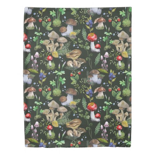 Woodland Forest Greenery Mushrooms Berries Pattern Duvet Cover