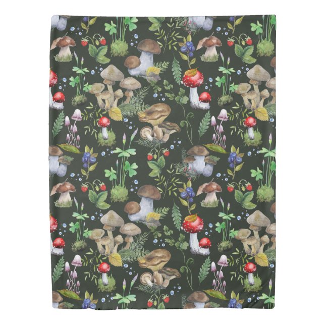 Woodland Forest Greenery Mushrooms Berries Pattern Duvet Cover (Front)