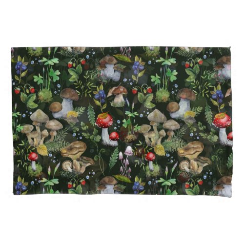 Woodland Forest Greenery Mushrooms Plants Pattern Pillow Case