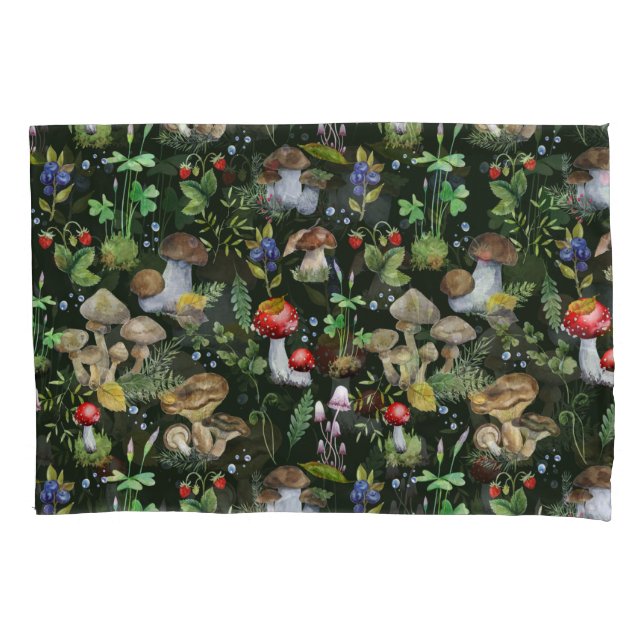 Woodland Forest Greenery Mushrooms Plants Pattern Pillow Case (Front)
