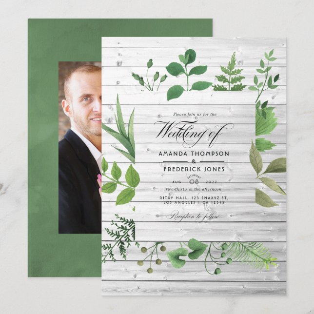 Woodland Forest Greenery Rustic Wedding Photo Invitation (Front/Back)
