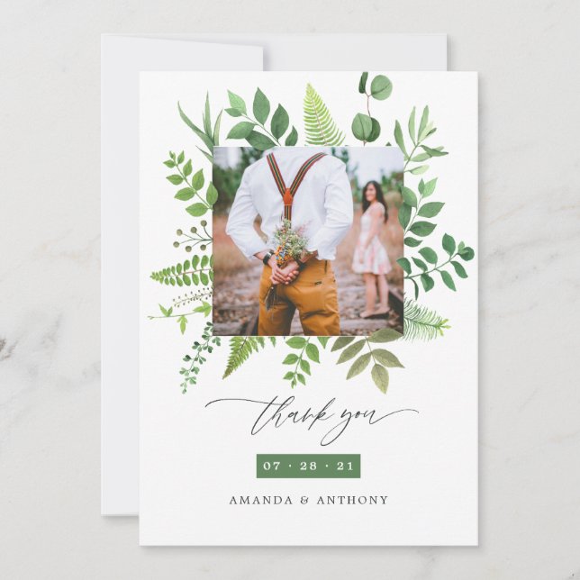 Woodland Forest Greenery Wedding Photo Collage Thank You Card (Front)