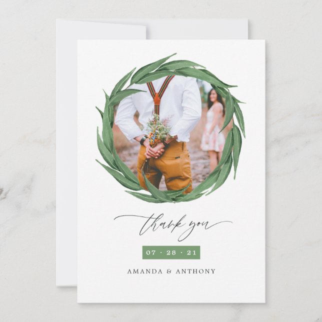 Woodland Forest Greenery Wedding Photo Collage Thank You Card (Front)